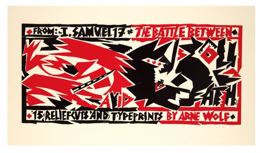Lot 433: Arne Wolf, From Samuel I: 17 - The Battle Between David and Goliath, 15 relief woodcuts and typeprints, 1993. 